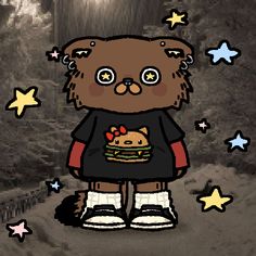 a cartoon bear holding a hamburger in his hand