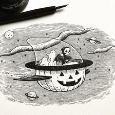 a black and white drawing of two people in a spaceship with halloween pumpkins on it