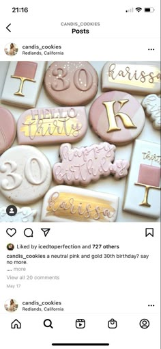 an instagram page with cookies on it and the words 30th birthday written in cursive letters