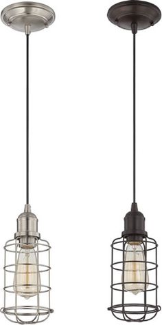 two pendant lights hanging from the ceiling with wire and bulbs attached to each light fixture