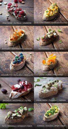 the steps to make an appetizer with fresh fruits and vegetables on breads