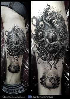 an octopus tattoo on the arm and leg with other tattoos around it, all done by me