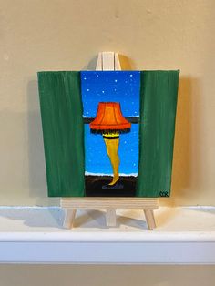 a painting of a lamp on top of a shelf