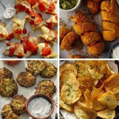 four different pictures with food on them including potato wedges, and other foodstuffs