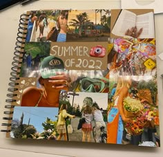 an open notebook with pictures of people in the background and text that reads summer of 203