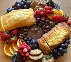 a platter filled with bread, fruit and crackers