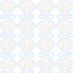 a blue and pink pattern with roses on the bottom, in pastel colors against a white background