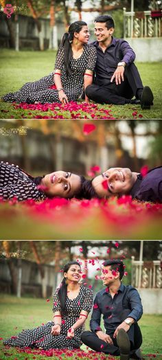 two people sitting on the ground with flowers in their hair and one person laying down