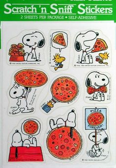 a sticker sheet with some pictures of pizzas and snoopy characters on it