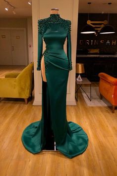 High Neck Evening Dress, Evening Dress Long, Green Evening Dress, Long Sleeve Evening Gowns, Dresses Formal Elegant, Long Sleeve Evening Dresses, Beaded Prom Dress, فستان سهرة, Prom Dresses Online