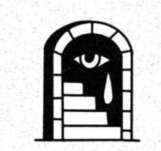 an eye is seen through the window in this black and white illustration, which appears to be made out of paper