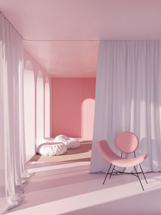 a pink chair sitting in front of a white curtain