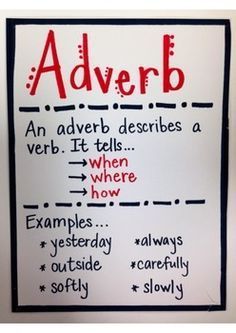 an adverb has been written on a whiteboard with red writing in it