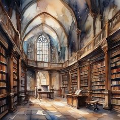 a painting of a library with lots of books