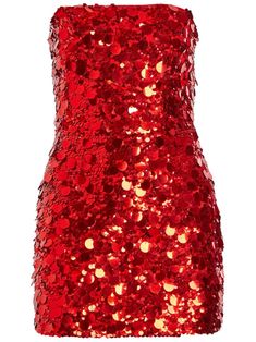 a red sequinned dress with gold buttons