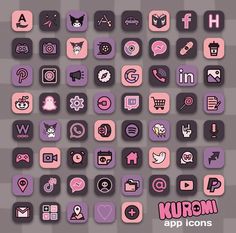 a large collection of social icons in pink, purple and black colors on a gray background