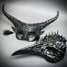 Black Raven Bird Nose Spike Mask w/ Long Horns Elegant Devil Eye Mask w/ Black Feather Earring | Halloween Masquerade Costume Party Mask Set Step into the enchanting world of masquerade with our Steampunk Masquerade Couple Party Mask Set, designed to elevate your celebrations and events to new heights of elegance and mystery. This exquisite set includes two beautifully crafted masks, each exuding its own unique charm and allure. With intricate details and a perfect blend of sophistication and whimsy, these masks are sure to catch the eye of everyone at the masquerade ball, music festival, night party, or Halloween costume event. Designed for both men and women, these masks are made from high-quality materials and handcrafted then spray painted and coated for ensuring comfort and durability Mens Masquerade Mask Black, Halloween Masquerade Costume, Masquerade Couple, Steampunk Masquerade, Long Horns, Mens Masquerade Mask, Raven Bird, Party Mask, Black Raven