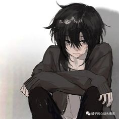 an anime character with black hair sitting on the ground