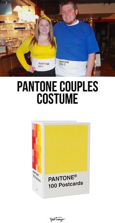 two people standing next to each other in front of a sign that says pantone couples costume