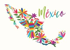 the map of mexico with colorful flowers and leaves