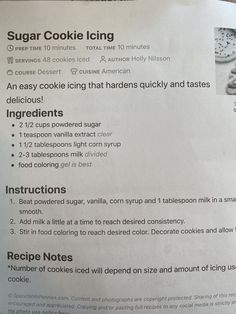 a recipe for sugar cookie icing is shown on a paper sheet with information about the ingredients