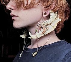 These double gauge hangers/earrings are made from naturally sourced jawbones collected by the maker. They also feature two distinct pendants that display angelic and astrological themes to create a very whimsical, elegant piece with a dark undertone. They are recommended to be worn with silicone ring gauges to create a more comfortable experience but can be worn with metal, or bare ears. They are designed for gauged ears and create a weight for the stretched lobe, but could potentially be worn w Character Design Jewelry, Jaw Bone Jewelry, Non Piercing Earrings, Unique Accessories Fashion, Bohemian Bone-colored Earrings, Bohemian Bone-colored Pierced Earrings, Jaw Jewelry, Stretched Ears Aesthetic, Double Pierced Ears