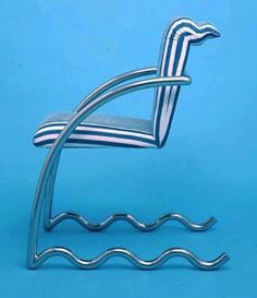 a chair made out of metal with wavy lines on the back and seat, against a blue background