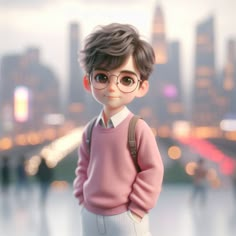 a little boy with glasses standing in front of a cityscape