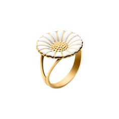 Perhaps evoking childhood memories of making jewellery from real daisies, this striking ring recreates the humble flower in 18 karat gold plated sterling silver to striking effect. Bold and optimistic, the ring retains the delicacy and freshness of the original flower with the hand-painted white enamel petals and makes the perfect gift for a stylish woman of any age. When Danish Princess Margrethe was born in 1940, Georg Jensen celebrated the occasion by presenting the royal family with a beauti Georg Jensen Jewelry, Georg Jensen Silver, Daisy Jewelry, Daisy Ring, Enamel Ring, Georg Jensen, Christina Aguilera, Ring Size Guide, Gold Plated Silver