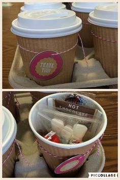 two pictures of coffee cups with labels on them and some candy in the bottom one