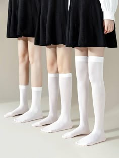 White  Collar  Fabric Plain  Embellished   Women Socks & Hosiery Knee Length White Socks, White Knee Socks, Long White Socks, School Socks, Over The Calf Socks, Over The Knee Socks, School Uniforms