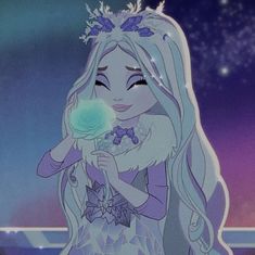 a cartoon character holding a lollipop in front of a window with the night sky behind her