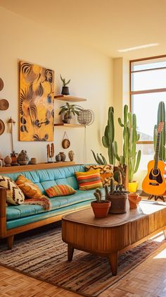 a living room filled with furniture and lots of cactus on the wall next to a window