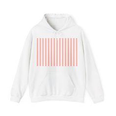 This Coral Pink Stripes Hoodie offers a classic and chic look with its pink and white vertical stripes. The soft colors and cute design make it perfect for any girly outfit. Stay pretty and stylish with this cozy hooded sweatshirt. Stay comfy and cozy with this unisex heavy blend hooded sweatshirt. Made with a thick blend of cotton and polyester, it feels plush, soft and warm, a perfect choice for any cold day. In the front, the spacious kangaroo pocket adds daily practicality while the hood's d White Cotton Sweatshirt With Contrast Stripes, Spring Striped Sweatshirt With Contrast Stripes, Casual Striped Hoodie With Drawstring Hood, White Spring Sweatshirt With Contrast Stripes, White Contrast Stripes Sweatshirt For Spring, Spring White Sweatshirt With Contrast Stripes, Striped Cotton Hooded Sweatshirt, White Sweatshirt With Contrast Stripes For Spring, Striped Sporty Hoodie With Drawstring