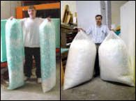 two pictures one shows a man standing next to large bags