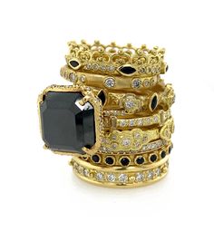 18K Yellow Gold Black Sapphire Eternity Stack Band Ring. Dimensions:Band Width: 0.09" (2.33mm) Half Crown, High Jewelry Ring, Marquise Diamond Ring, Statement Rings Diamond, Diamond Stacks, Austria Travel, Stack Ring, Gold Rings Fashion, Black Sapphire