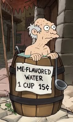 an old man sitting in a wooden barrel with a sign on it that says mel - flavored water 1 cup 15 cents