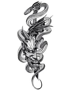 a drawing of a dragon head with snakes on it's back and the tail curled up