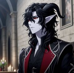 an anime character with long black hair and horns