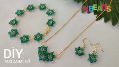 the necklace and earring are made with green glass beaded flowers on gold plated chains