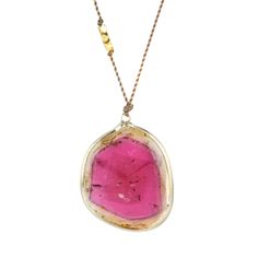 Margaret Solow Watermelon Tourmaline Slice Pendant Necklace | Quadrum - Quadrum Gallery Corded Necklace, Tourmaline Pendant, All That Glitters, Cord Necklace, Summer Colors, Gold Beads, Bezel Setting, Tourmaline