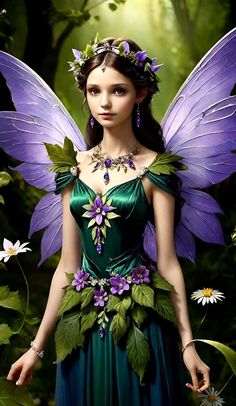 a woman dressed as a fairy standing in the woods with daisies on her chest