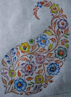 an artistically painted piece of paper with flowers and leaves in the shape of a bird