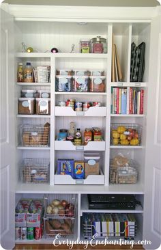 the pantry is organized and ready to be used as a storage area for all kinds of food