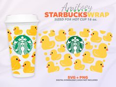 the starbucks cup has rubber ducks on it and is next to an image of ducklings