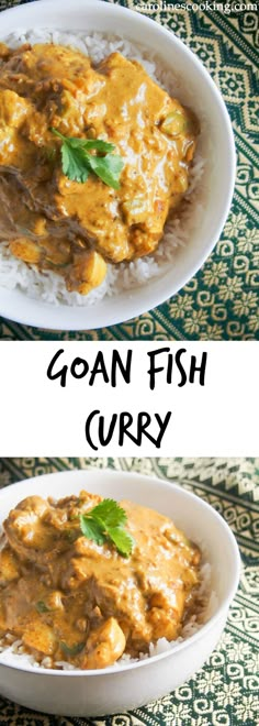 two plates with different types of food on them and the words goan fish curry