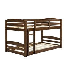 a wooden bunk bed with no mattresses on the top and bottom bunk beds below