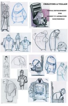 various sketches of people in different outfits and clothes, with the title creating a villain