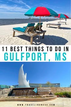 Red and green beach loungers on pristine white sand beach and the huge sails of the Mississippi Aquarium in Gulfport, Mississippi. Gulfport Mississippi Restaurants, Gulf Port Mississippi Things To Do In, Gulfport Mississippi Things To Do In, Gulfport Ms