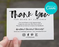 someone holding up a thank card with the words, thank you for being my customer